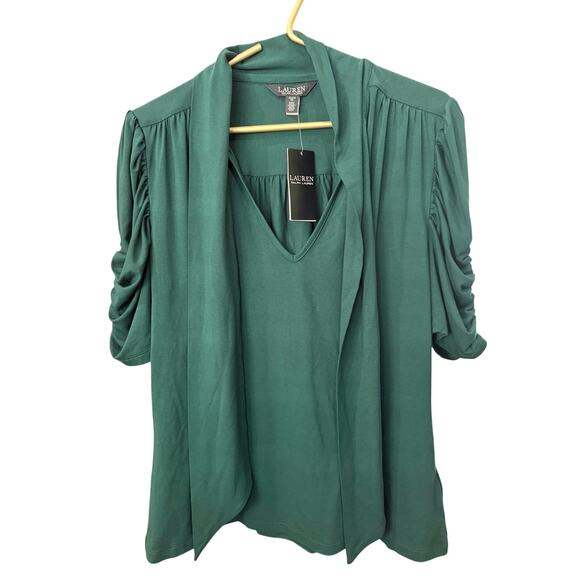 Lauren Ralph Lauren Green Blouse Tie Front Ruched Short Sleeve Size XL NWT - Picture 2 of 7